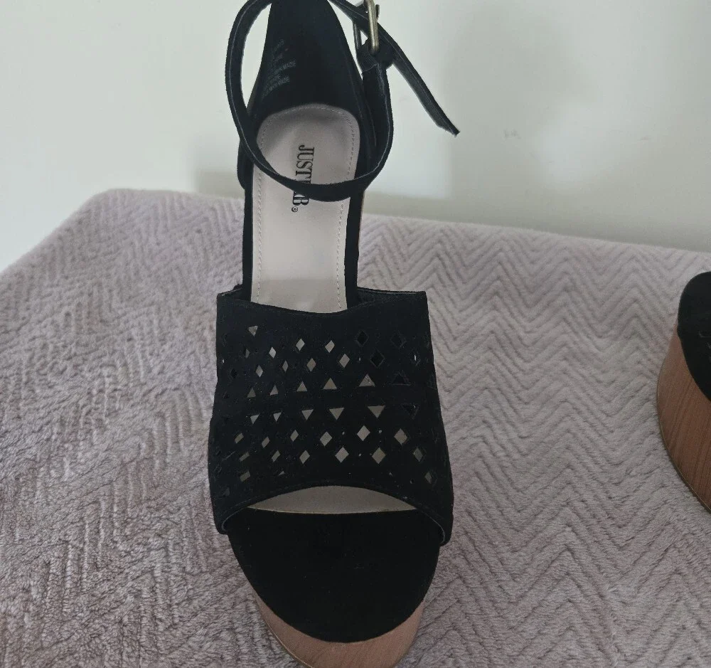 JustFab Black Laser-Cut Suede Platform Sandals with Wood-Effect Heel